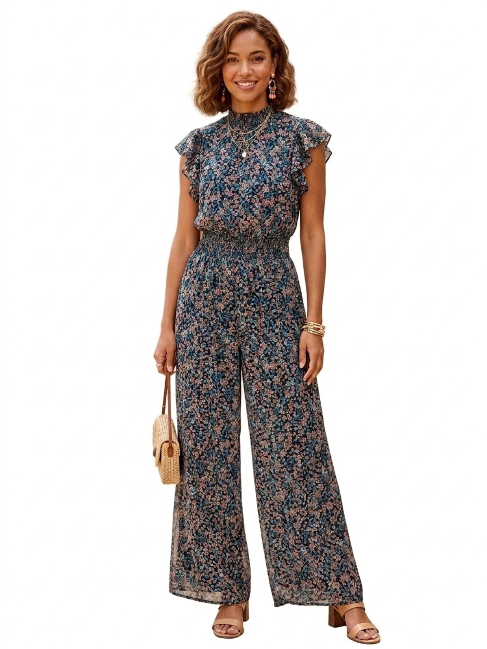 MSK Cottagecore Navy Floral Smocked-Waist Wide-Leg Jumpsuit